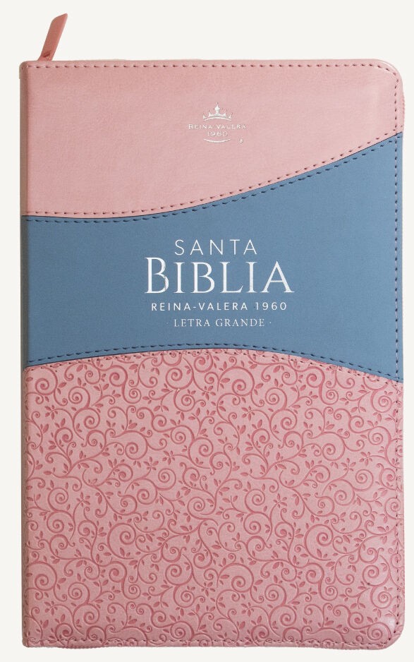 Biblia Reina VAlera 1960 Tamaño manual letra grande 12 puntos i/piel bitono con cierre rosa/azul