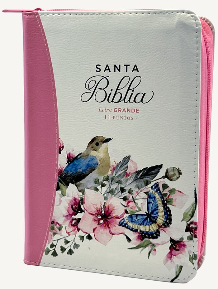 Biblia Reina Valera 1960 portátil letra grande 11 puntos i/piel con cierre y canto pintado fantasía floral rosa con pájaro