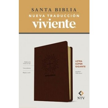 Santa Biblia NTV, letra súper gigante imitación piel marrón oscuro con cruz inscrita