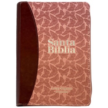 Biblia Reina VAlera 1960 Tamaño manual letra gigante 14 puntos i/piel bitono con cierre/índice rosa/café mariposas