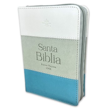Biblia RVR60 de bolsilloTricolor i/piel Blanco/Gris/Turquesa. Con índice y cierre
