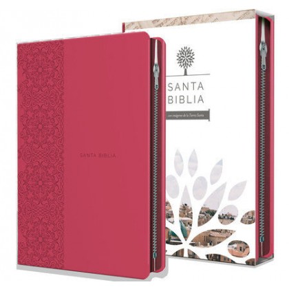 Biblia Reina Valera 1960 letra grande. Símil piel fucsia, cremallera, tamaño manual