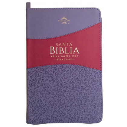 Biblia Reina VAlera 1960 Tamaño manual letra grande 12 puntos i/piel bitono con cierre lila/fucsia