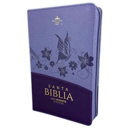 Biblia Reina VAlera 1960 Tamaño manual letra gigante 14 puntos i/piel bitono con cierre/índice lila/lila Mariposas