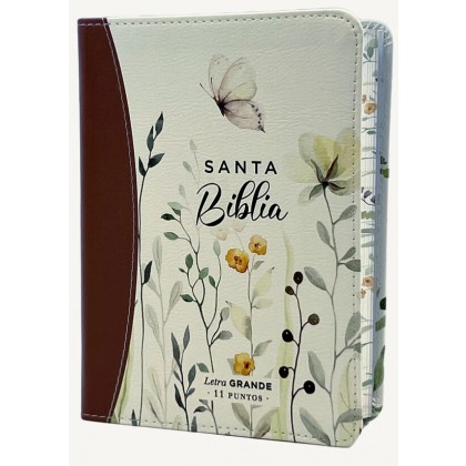 Biblia Reina Valera 1960 portátil letra grande 11 puntos i/piel con canto pintado fantasía floral marrón