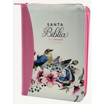 Biblia Reina Valera 1960 portátil letra grande 11 puntos i/piel con cierre y canto pintado fantasía floral rosa con pájaro