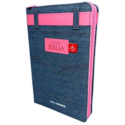 Biblia RVR60 Tamaño manual letra grande Tela Jean con cinturón rosa. Cierre/índice
