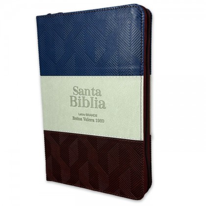 Biblia RVR60 tamaño manual letra GRande i/piel tricolor azul/gris/Marrón. Con índice y cierre