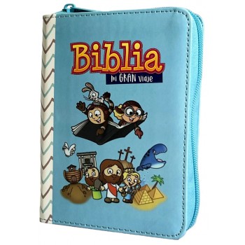 Biblia para niños Mi GRan Viaje RVR60 tamaño bolsillo i/piel con cierre azul celeste